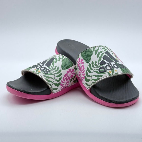 Adidas Adilette Comfort Kids Slides Tropical Floral Pink Black White Size 13K - Picture 2 of 7